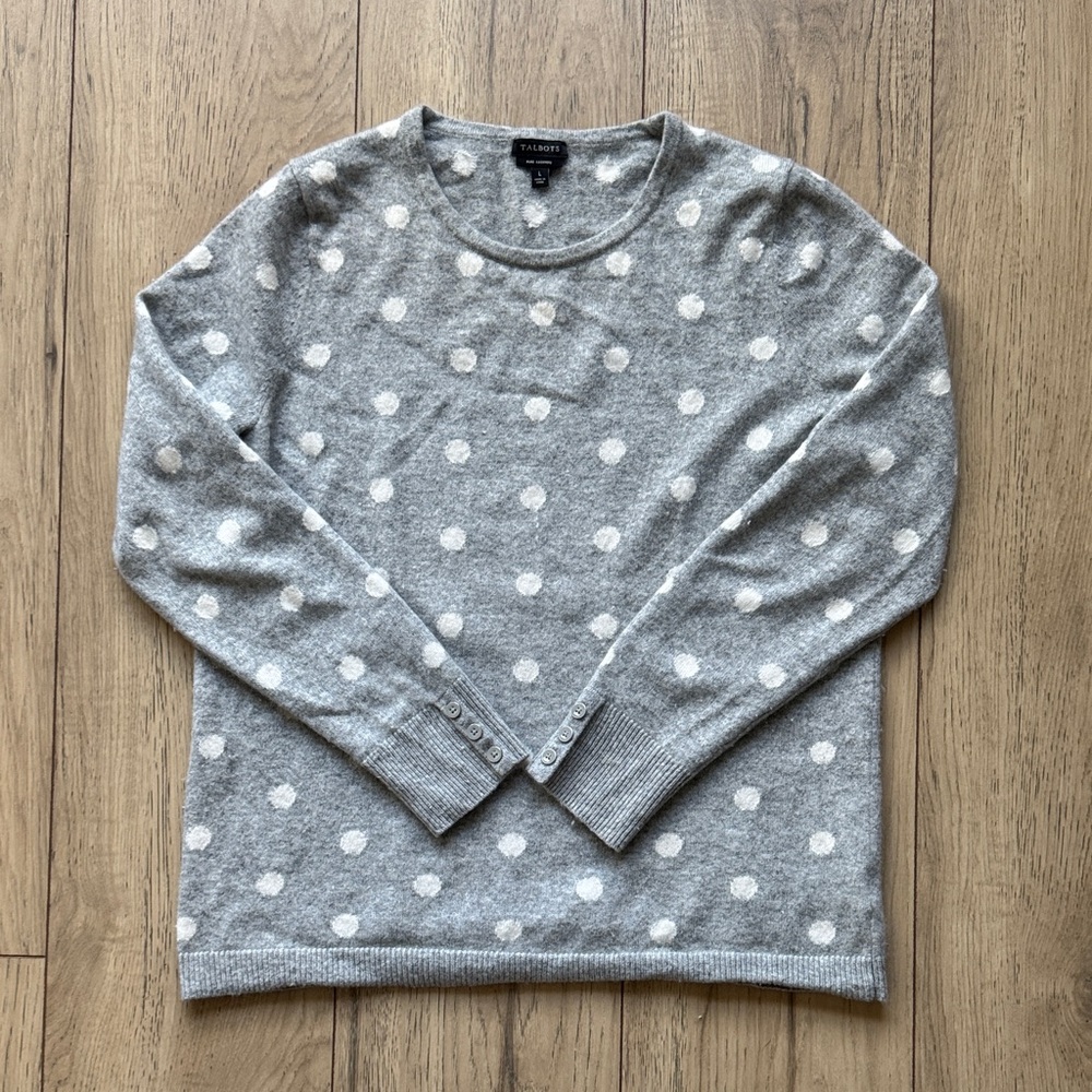 Talbots 100% Cashmere White Polka Dot Gray Crew Neck Sweater Women’s Large